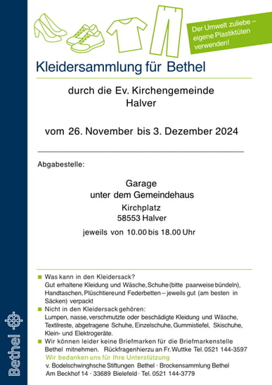 Kleidersammlung für Bethel ab 26.11.2024